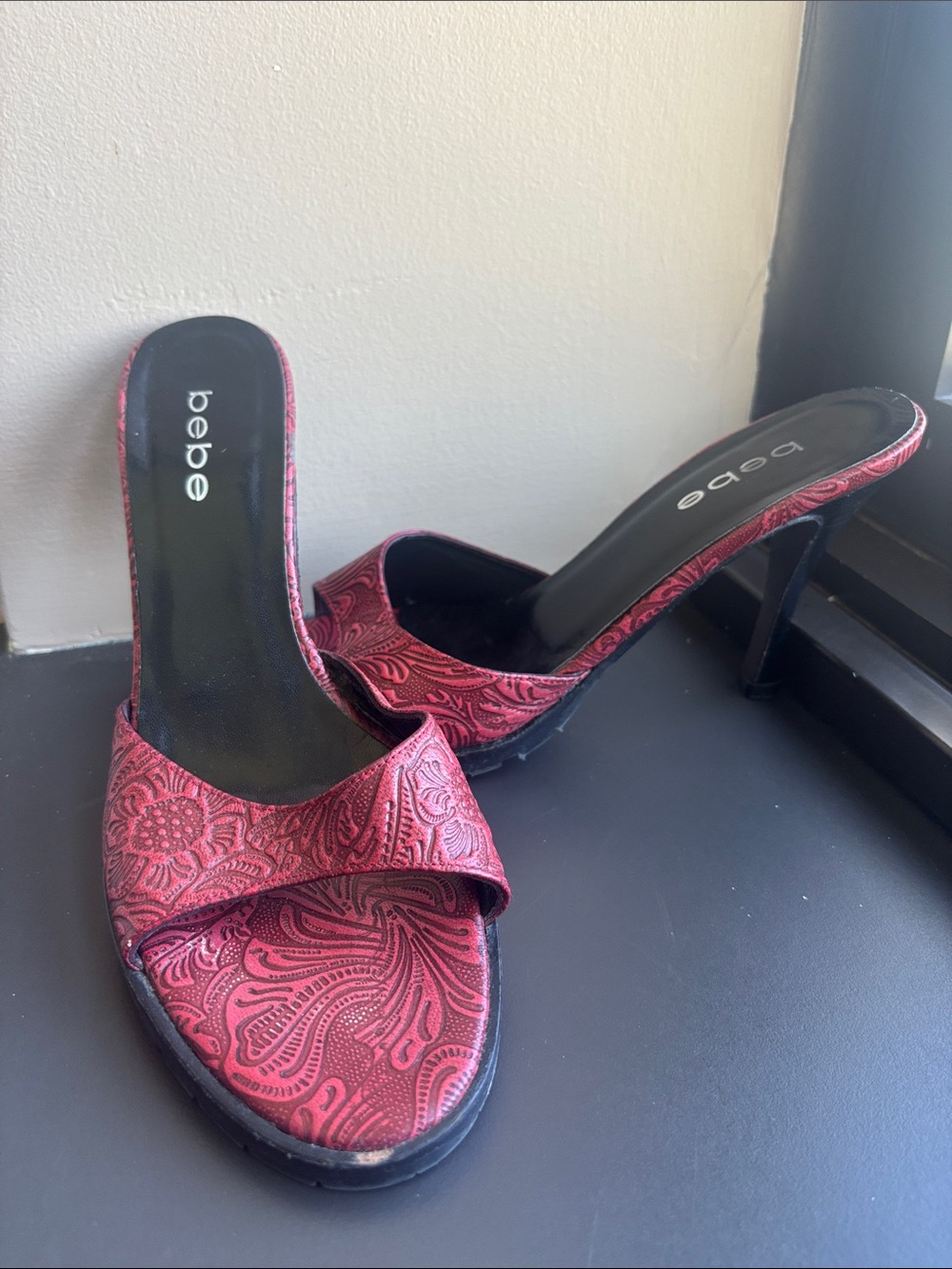 bebe Red Floral-Embossed Slide Heels